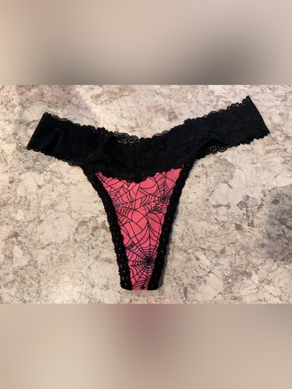VS PINK Lace Trim Ribbed Cotton Thong Halloween Panty Spiderweb NWT Large